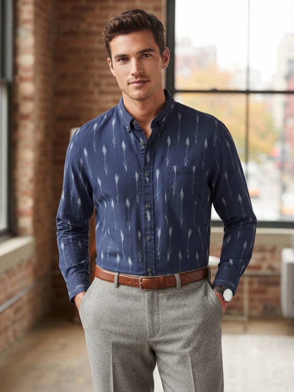 Treasure & Bond Navy Patterned Button-Down Shirt